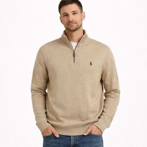 Polo Ralph Lauren Quarter Zip Pullover Sweater Tan Cotton Men’s Large